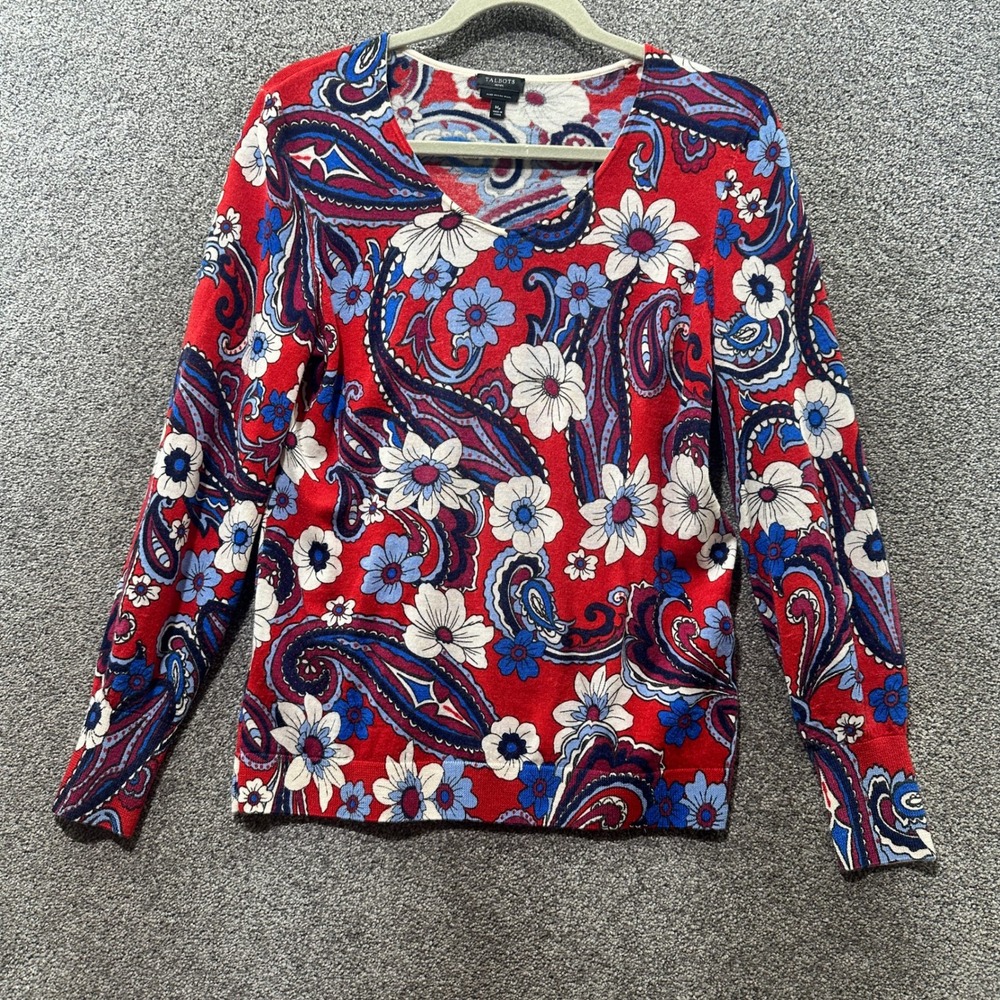 Talbots Pullover Sweater Women Medium Petite Red Paisley 100% Merino Wool V Neck